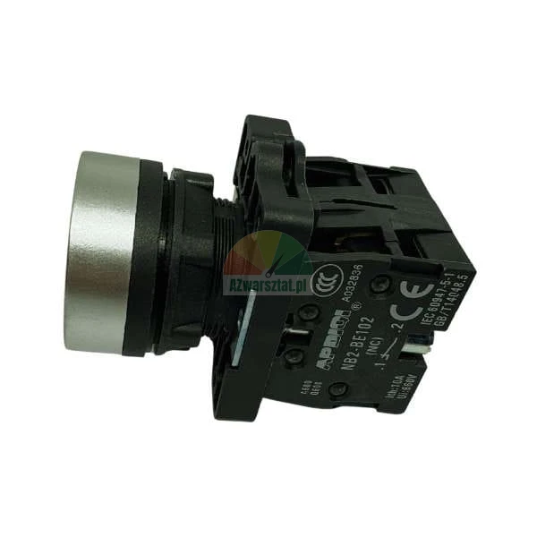 Industrial push button switch NB2-BE102 NC with metal bezel, side profile view of black body and contact blocks.