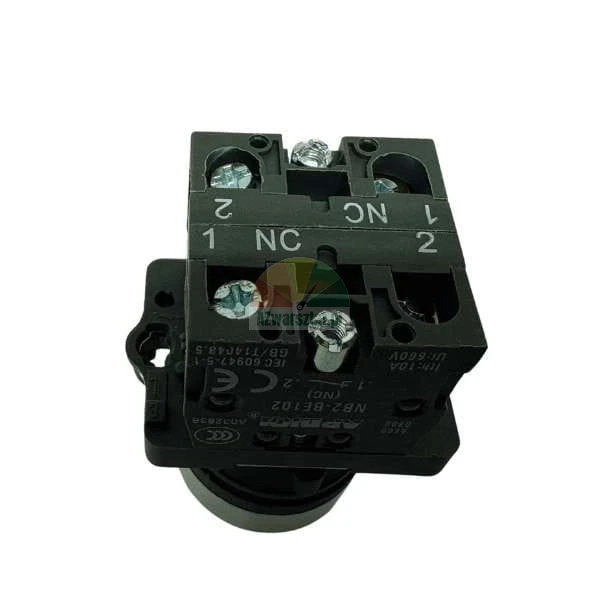 Electrical contact block NB2-BE102, NC type, showing terminal screws and technical markings on a white background.