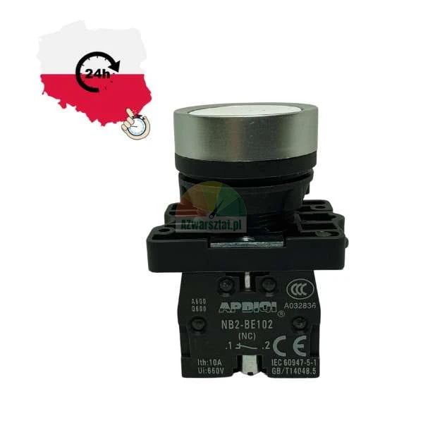Industrial push-button switch APDIQI NB2-BE102 with normally closed NC contact block and silver button