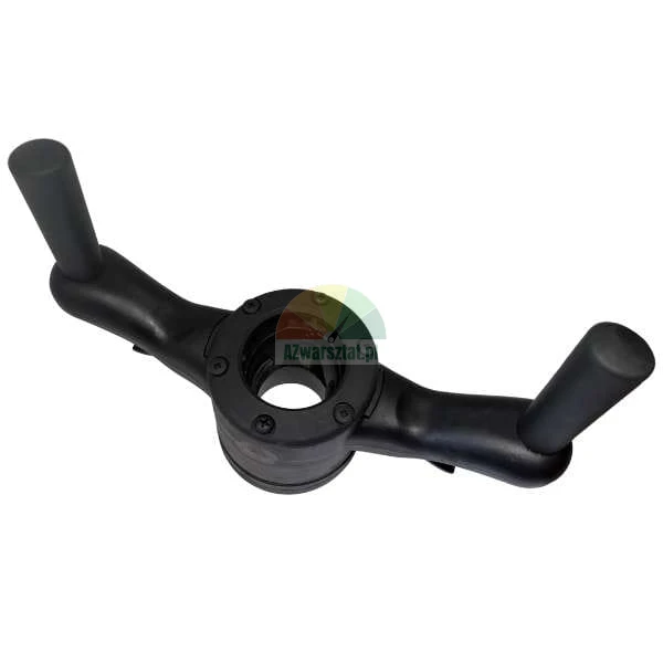 Black two-arm industrial handwheel with double handles and a central mounting hole.
