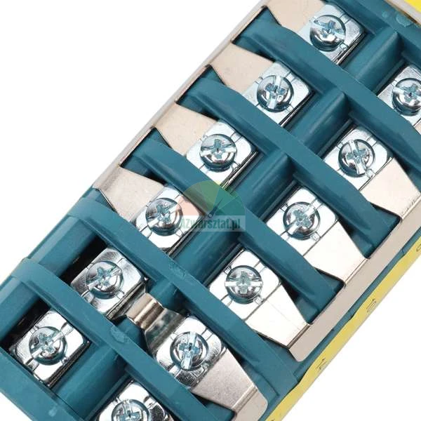 Close-up of a blue terminal block with rows of silver mounting screws.