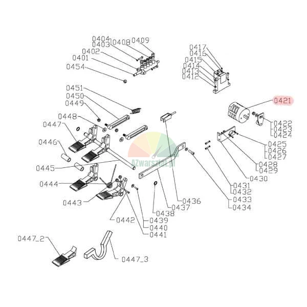 Technical schematic diagram of a machine control assembly with pedals and valves, part number 0421 is highlighted.