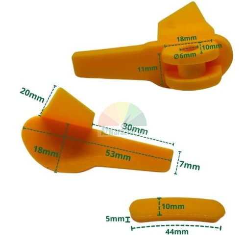 Yellow plastic cover set Type W+ with technical dimensions.