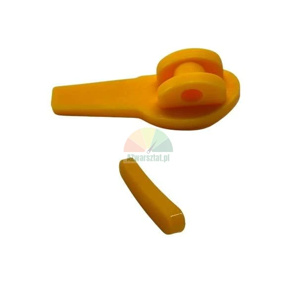 Yellow plastic hinge component with a small securing pin on a white background.