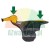 Tire changer mounting head with highlighted yellow plastic rim protectors indicated by green arrows.