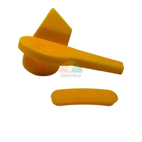 Yellow plastic safety opener tool for canisters and containers with two parts.
