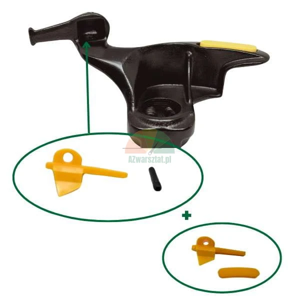 Tire changer mounting head with yellow plastic protection inserts and pins.