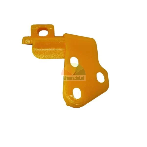 Orange plastic mechanical part with mounting holes on a white background.