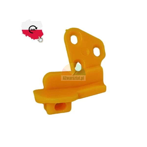 Orange plastic component with mounting holes on a white background