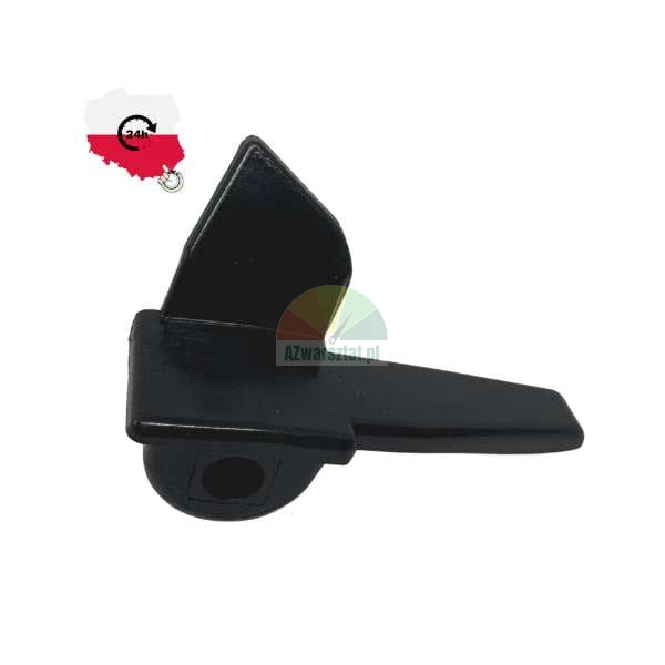 Black plastic latch element on a white background with a fast shipping from Poland icon.