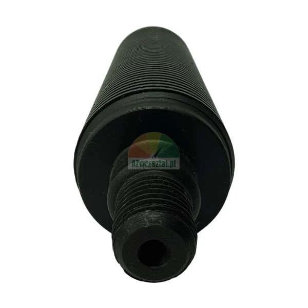 Black cylindrical plastic part with ribbing and a threaded tip with a hole.