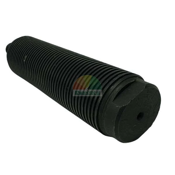 Black threaded industrial bolt with a flat head and a central hole on a white background.