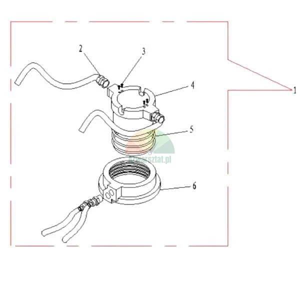 Technical exploded view diagram of a mechanical assembly with numbered components such as hoses, a spring, and a threaded base.