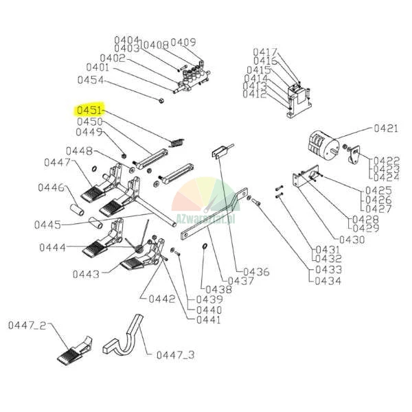 Technical drawing of control pedal assembly with part 0451 highlighted in yellow.