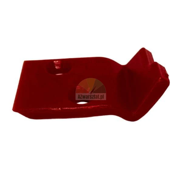 Red industrial machine part, possibly a scraper or blade, with two mounting holes and an angled edge.