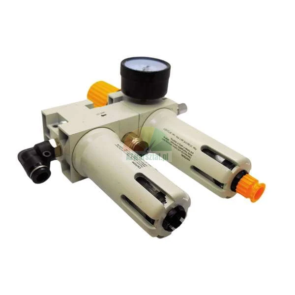 Pneumatic air filter regulator and lubricator unit with pressure gauge and orange adjustment knobs.