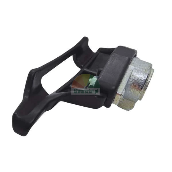 Black tractor cab window or door handle with metal mounting.