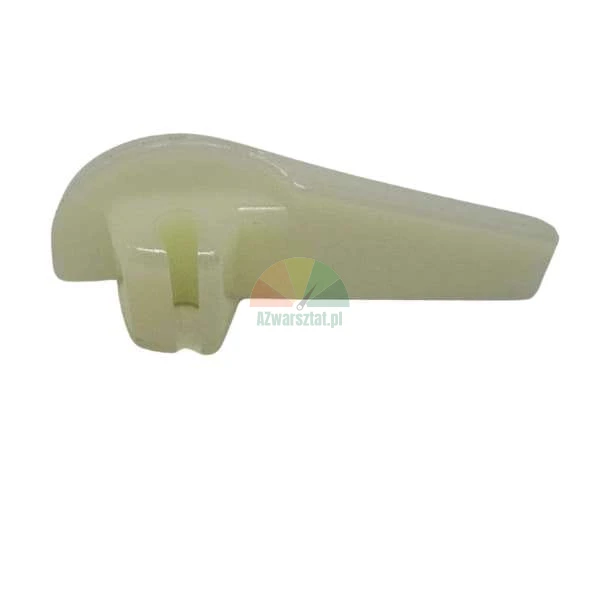 White plastic slider clip, guide component for blinds or furniture.