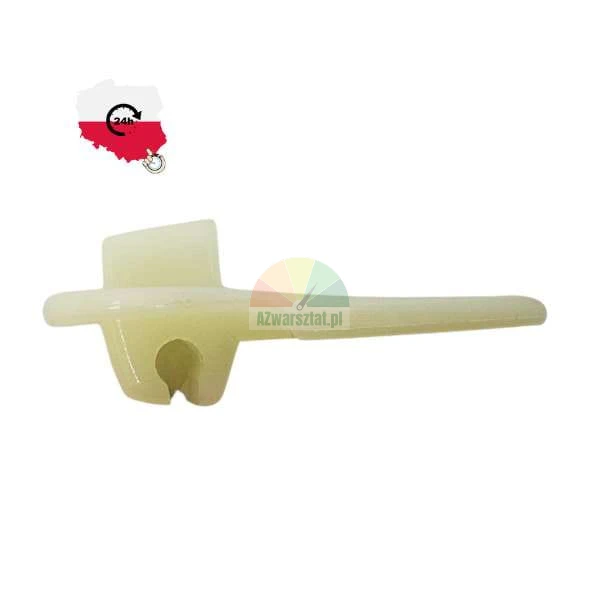 White plastic car bonnet stay rod clip, side view on white background.