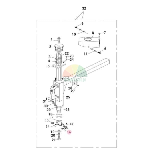 Exploded view diagram of a mounting head assembly with numbered components, item 16 highlighted in pink.