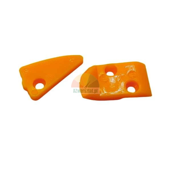 Two bright orange plastic replacement parts with mounting holes