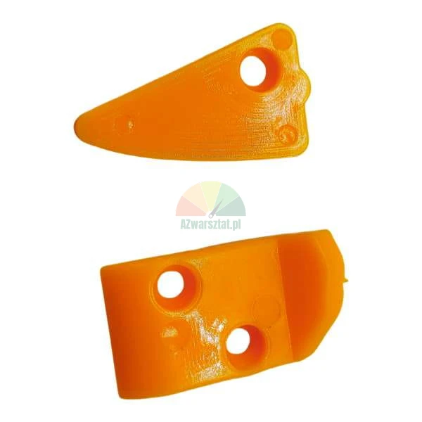 Two orange 3D printed plastic components with mounting holes on a white background.