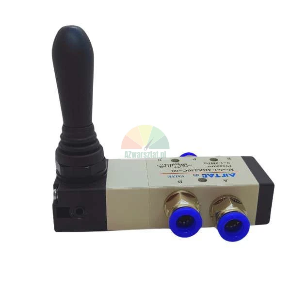 AirTAC pneumatic manual hand lever valve with black handle and two blue push-to-connect fittings.
