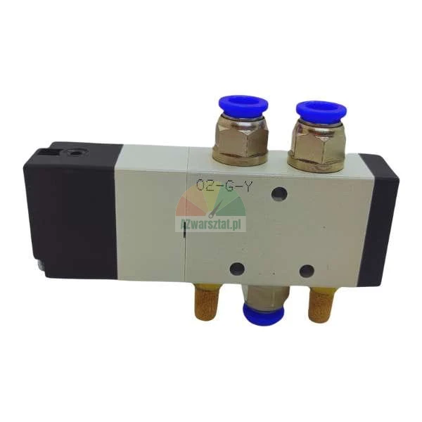 Pneumatic solenoid valve with blue quick connectors and yellow silencers, model 02-G-Y.