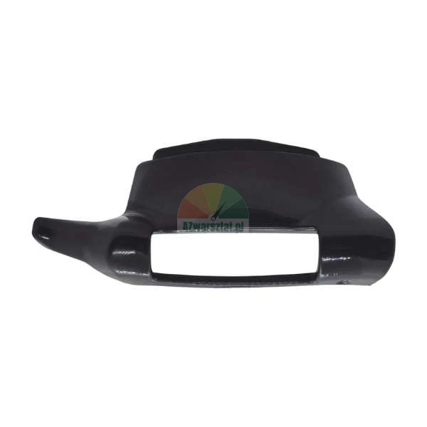 Black plastic automotive bumper trim part with rectangular cutout on white background.