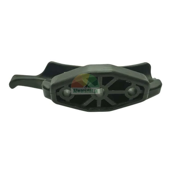 Black plastic mounting component with structural reinforcement and screw holes on a white background.