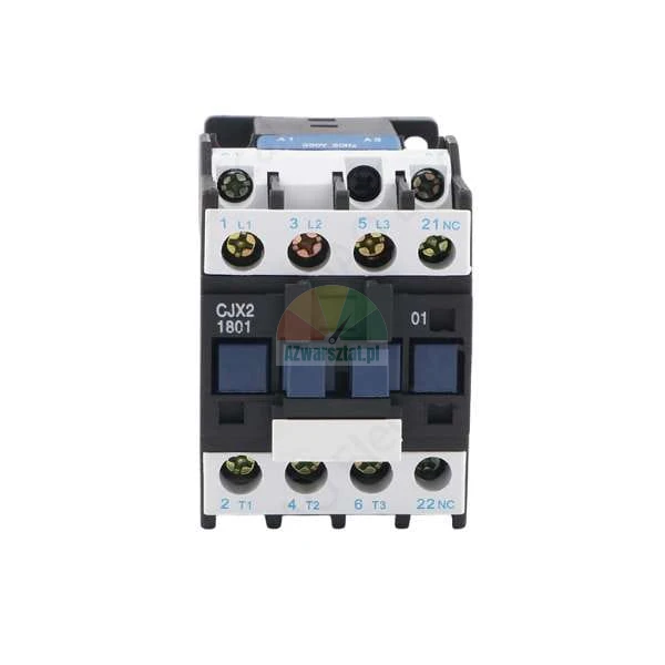 Front view of an AC contactor model CJX2-1801 with screw terminals and markings.