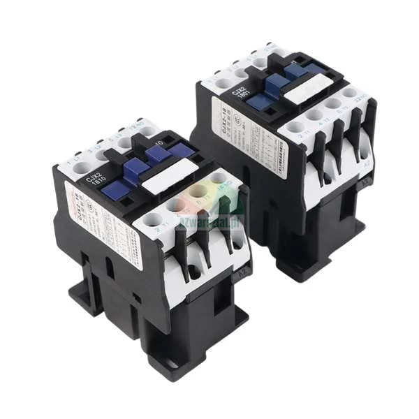 Two CJX2 AC contactors for electrical power switching on a white background.