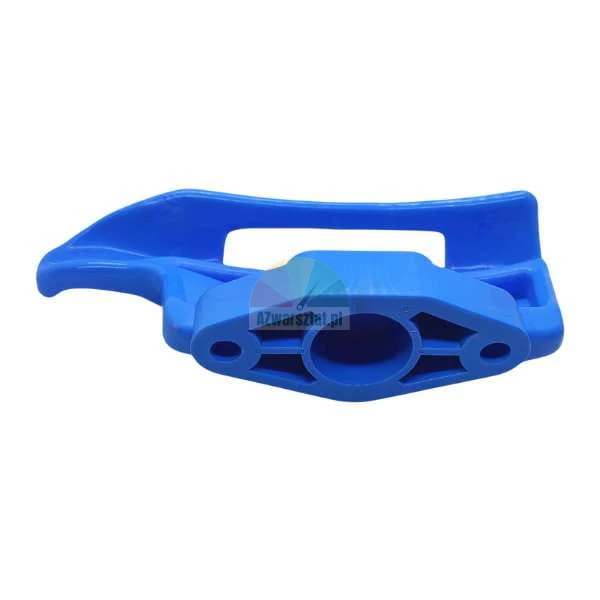Blue plastic mounting element with holes and a side guide.