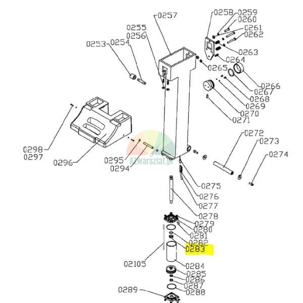 Technical drawing showing an exploded view of a machine column assembly with part number 0283 highlighted in yellow.