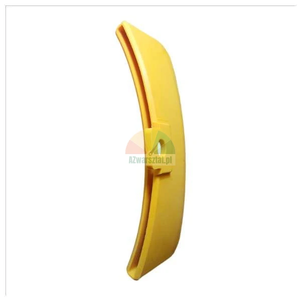 Yellow, curved plastic component with a mounting hole on a white background.