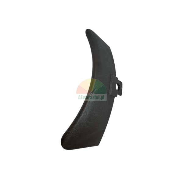 Curved black metal machine part with a mounting hole.