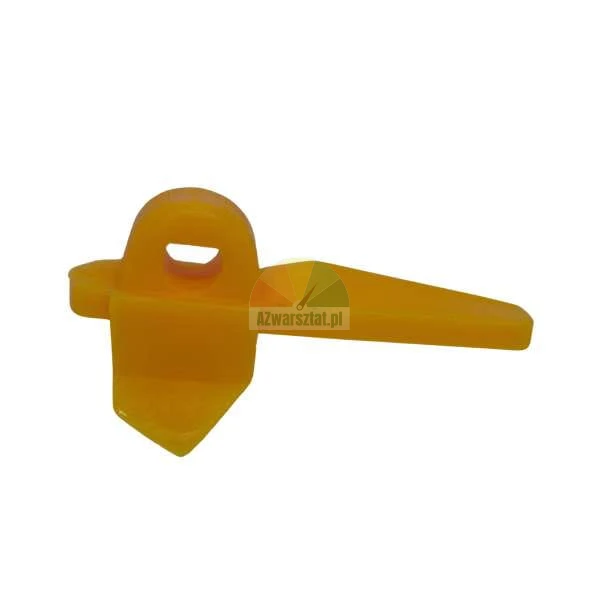 Yellow plastic safety pin or key with an eyelet on a white background.
