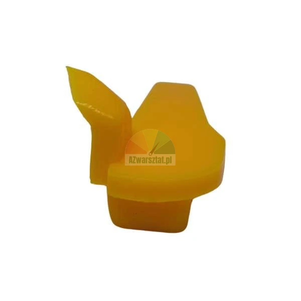Small yellow plastic component, slider or clip for a mechanism, side view on white background.