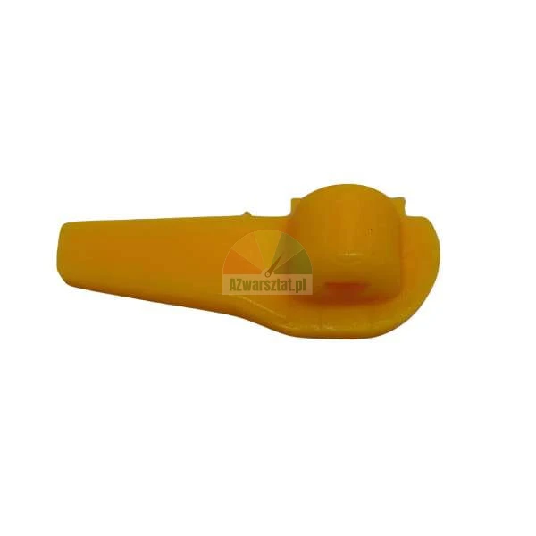 Small yellow plastic component with an oblong shape and a mounting hole on a white background
