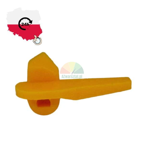 Yellow plastic element, mechanism handle on white background with 24h shipping from Poland logo.