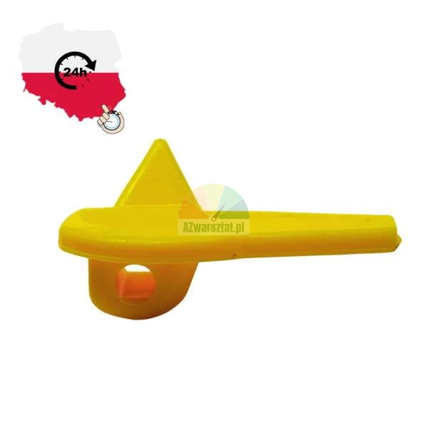 Yellow plastic component, technical detail on a white background.