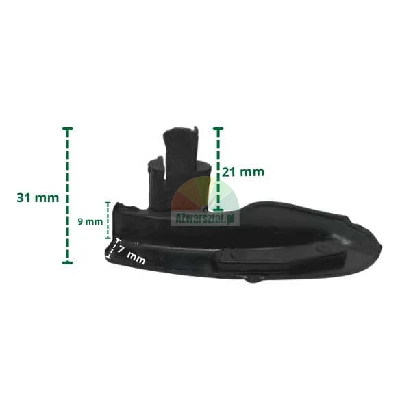Black rubber part with indicated dimensions: total height 31 mm, pin height 21 mm, base height 9 mm, and width 7 mm.