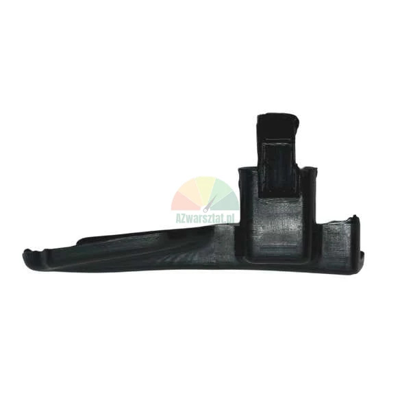 Black plastic presser foot for a sewing machine, side view on a white background.