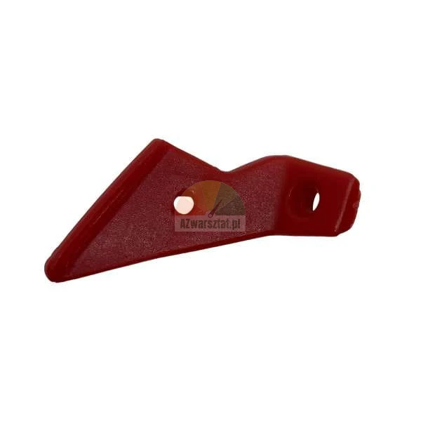 Red plastic technical component with two mounting holes on a white background