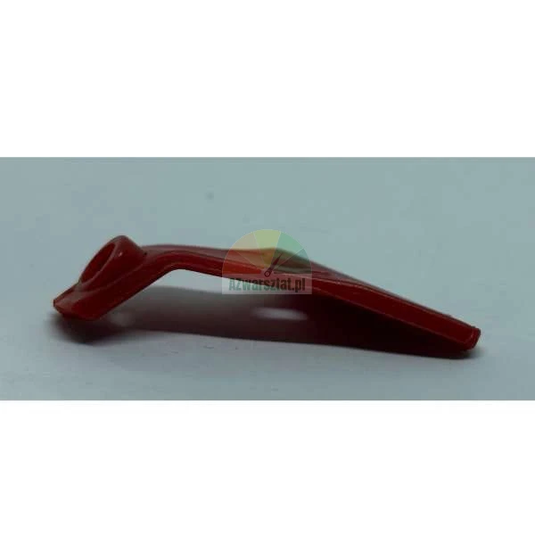 Red bent metal element with a mounting hole on a white background