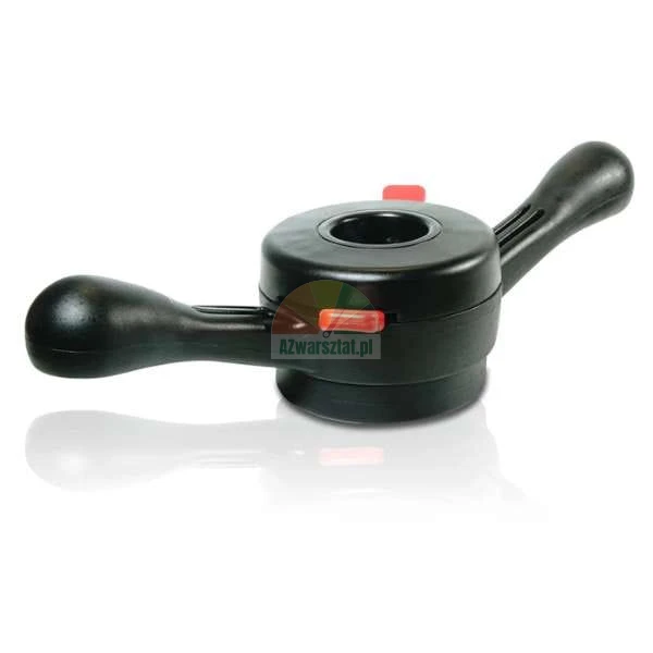 Black quick-release wing nut for wheel balancer with ergonomic handles and red locking tabs.