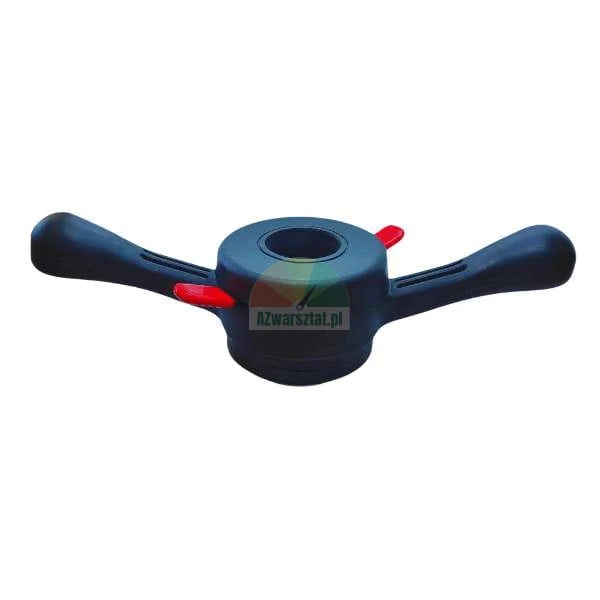Black quick release wing nut for wheel balancer with two handles and red release buttons on a white background