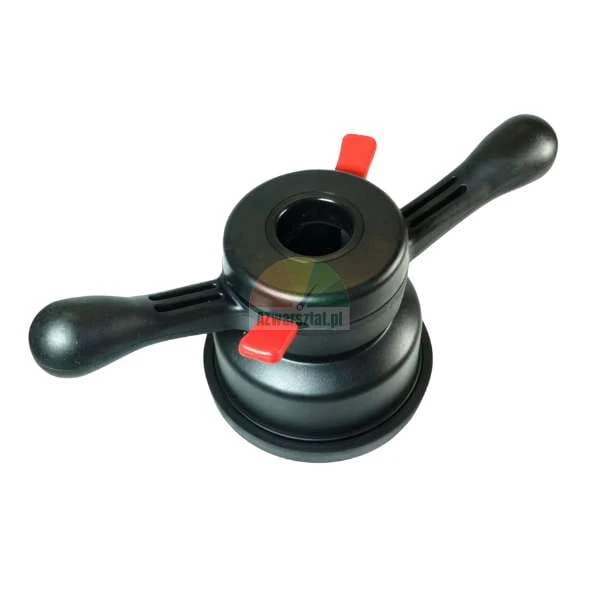 Black quick-release wing nut for wheel balancer with red levers and two handles.