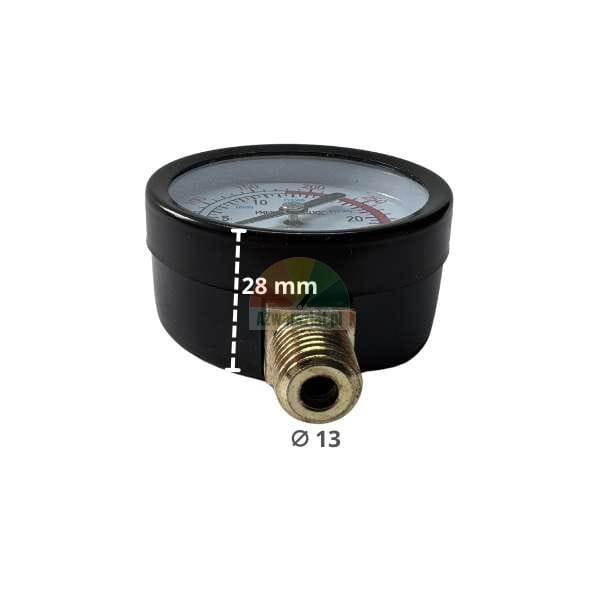 Pressure gauge in a black case with height of 28 mm and thread diameter of 13 mm indicated.