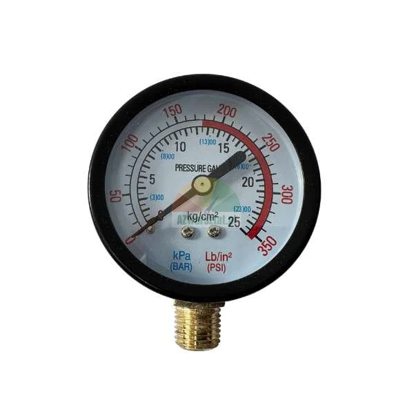 Pressure gauge with dual measurement scales in kg/cm2, kPa (BAR) and PSI, black housing with a brass connector.